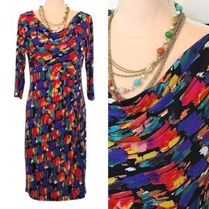 Anne Klein Colorful Abstract Printed Draped Cowl Neck Midi Dress Size 10